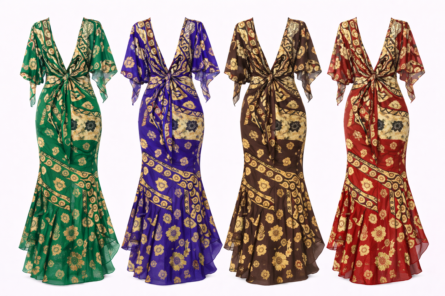 Tapa High-Low Mermaid Dress with Flared Sleeves (Cape & Wrap Tie Options Available)