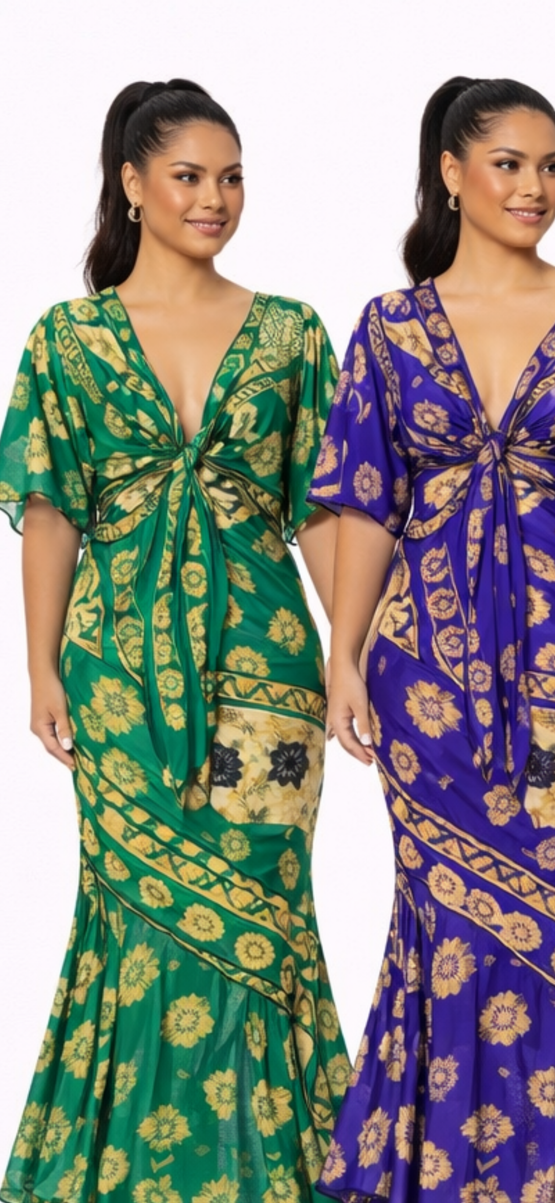 Tapa High-Low Mermaid Dress with Flared Sleeves (Cape & Wrap Tie Options Available)