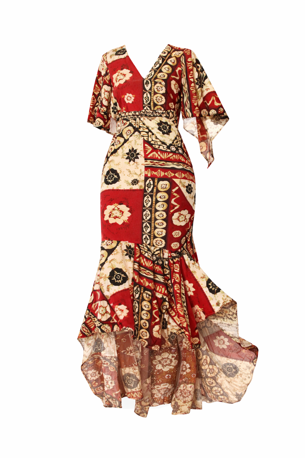 Tapa High-Low Mermaid Dress with Flared Sleeves (Cape & Wrap Tie Options Available)