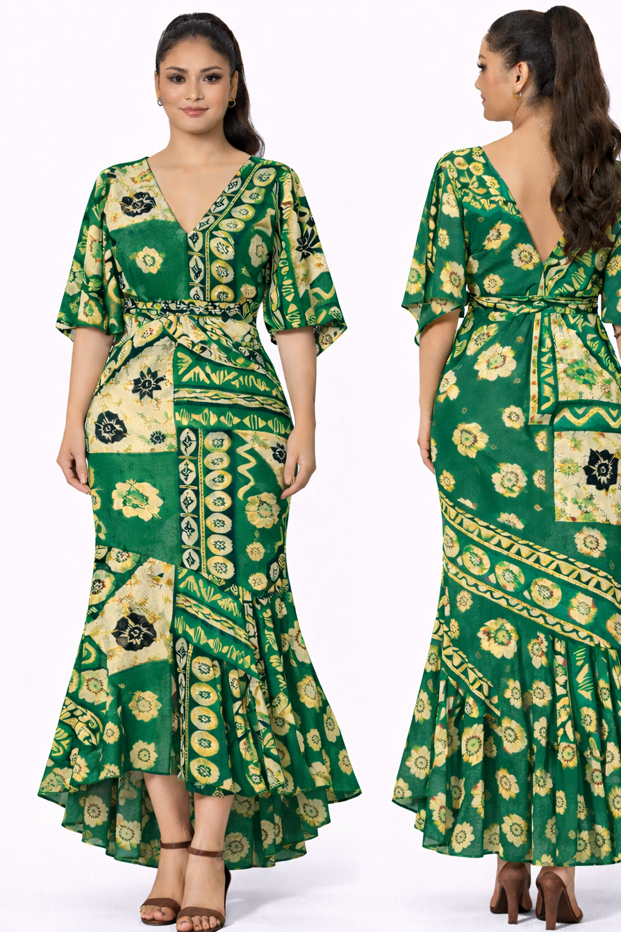 Tapa High-Low Mermaid Dress with Flared Sleeves (Cape & Wrap Tie Options Available)