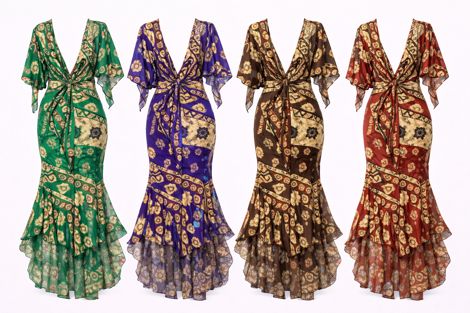 Tapa High-Low Mermaid Dress with Flared Sleeves (Cape & Wrap Tie Options Available)