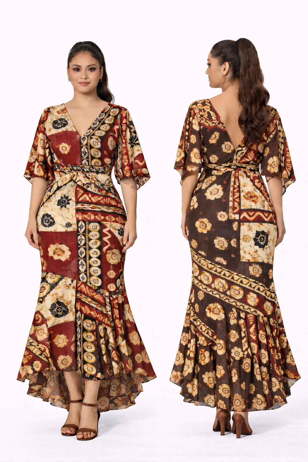 Tapa High-Low Mermaid Dress with Flared Sleeves (Cape & Wrap Tie Options Available)